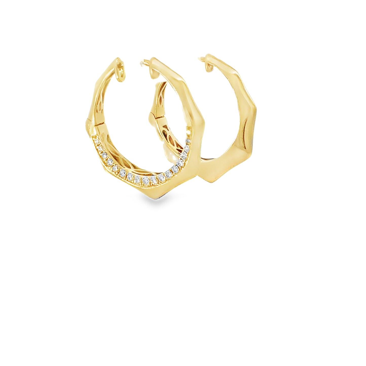 18K yellow gold geometric hoop earrings set with 36 pave round brilliant diamonds, 0.41 ctw. Stylish, modern, and beautifully crafted.
