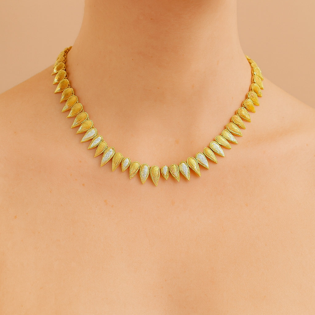 Retro French 18K Yellow Gold and Diamond Necklace, Hand-Engraved Links, 0.75 Carats, 79.7g