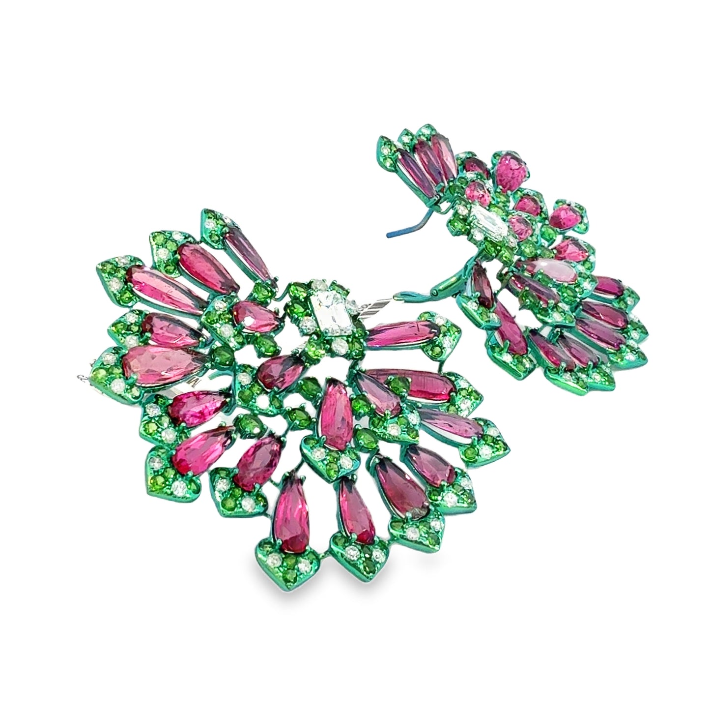 Pink Tourmaline, Green Garnet, and Diamond Titanium Earrings — Sculptural Contemporary Statement Design