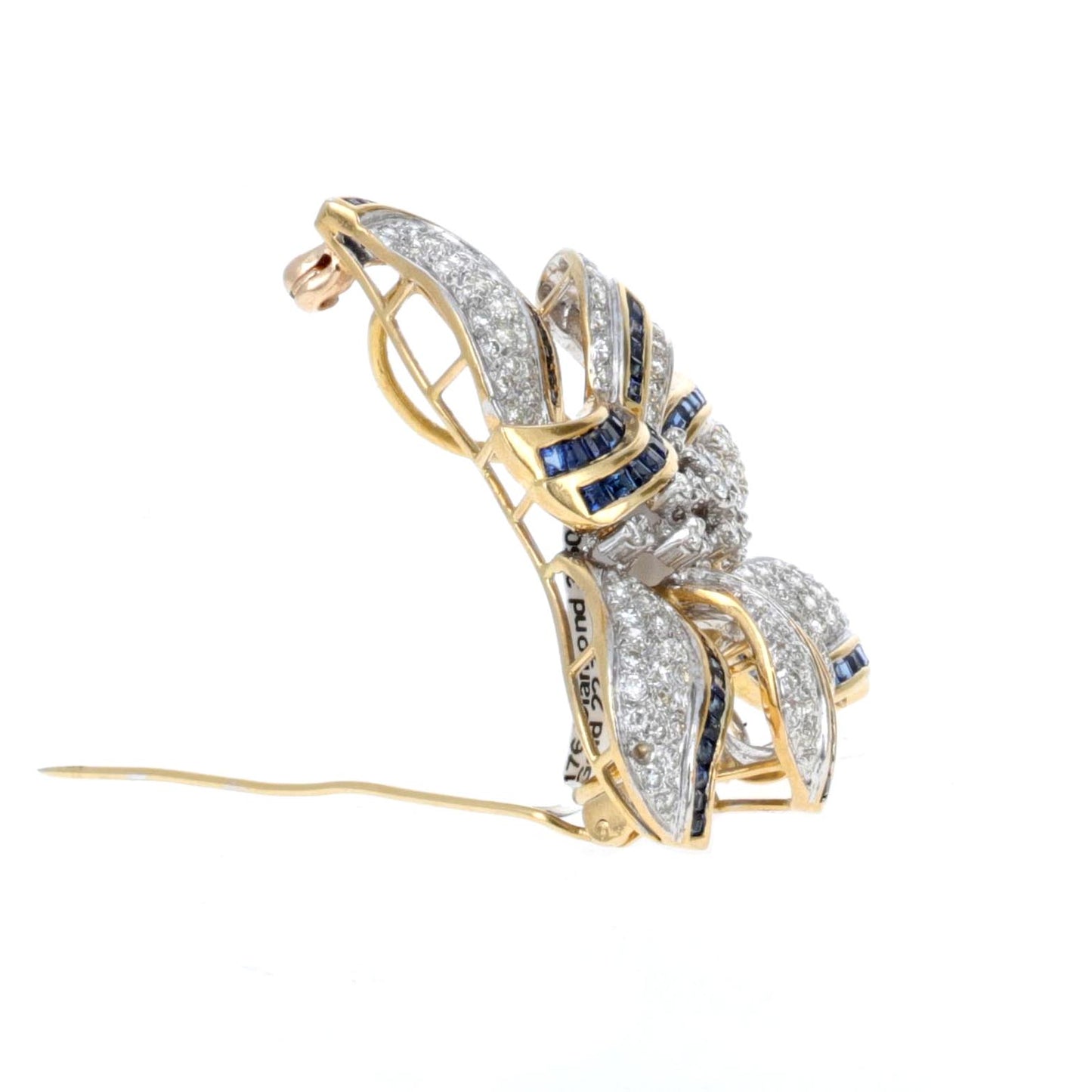18K Yellow and White Gold Diamond and Sapphire Bow Brooch – Retro Ribbon Design, 3.5 Carats Diamonds