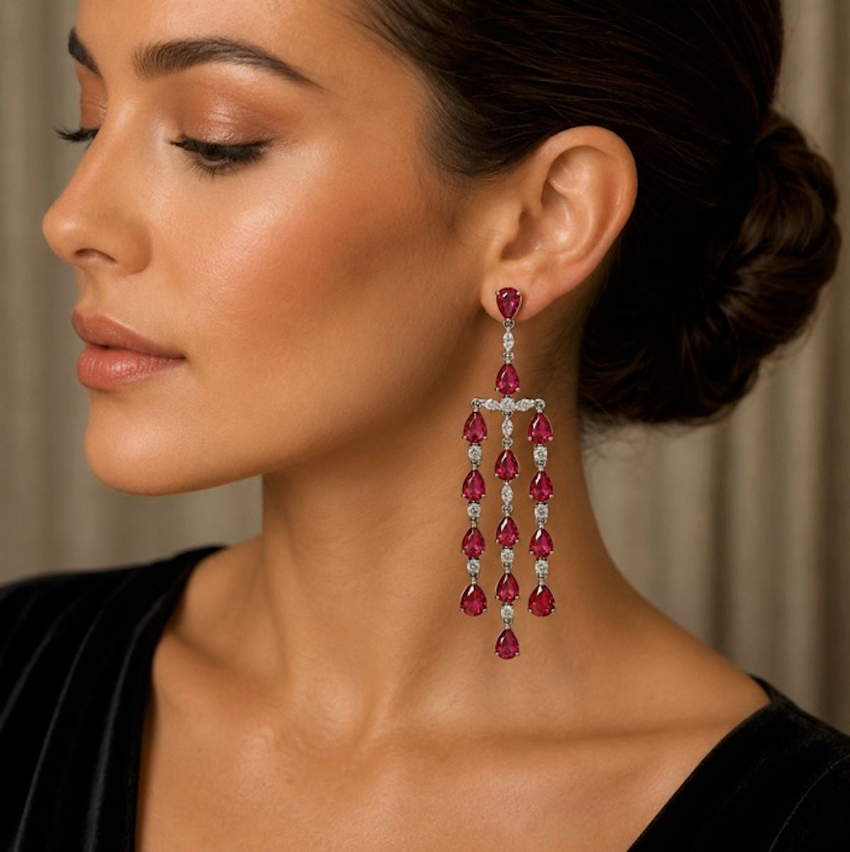 Pear Shape Ruby Diamond Chandelier Dangle Earrings in 18 Karat White Gold