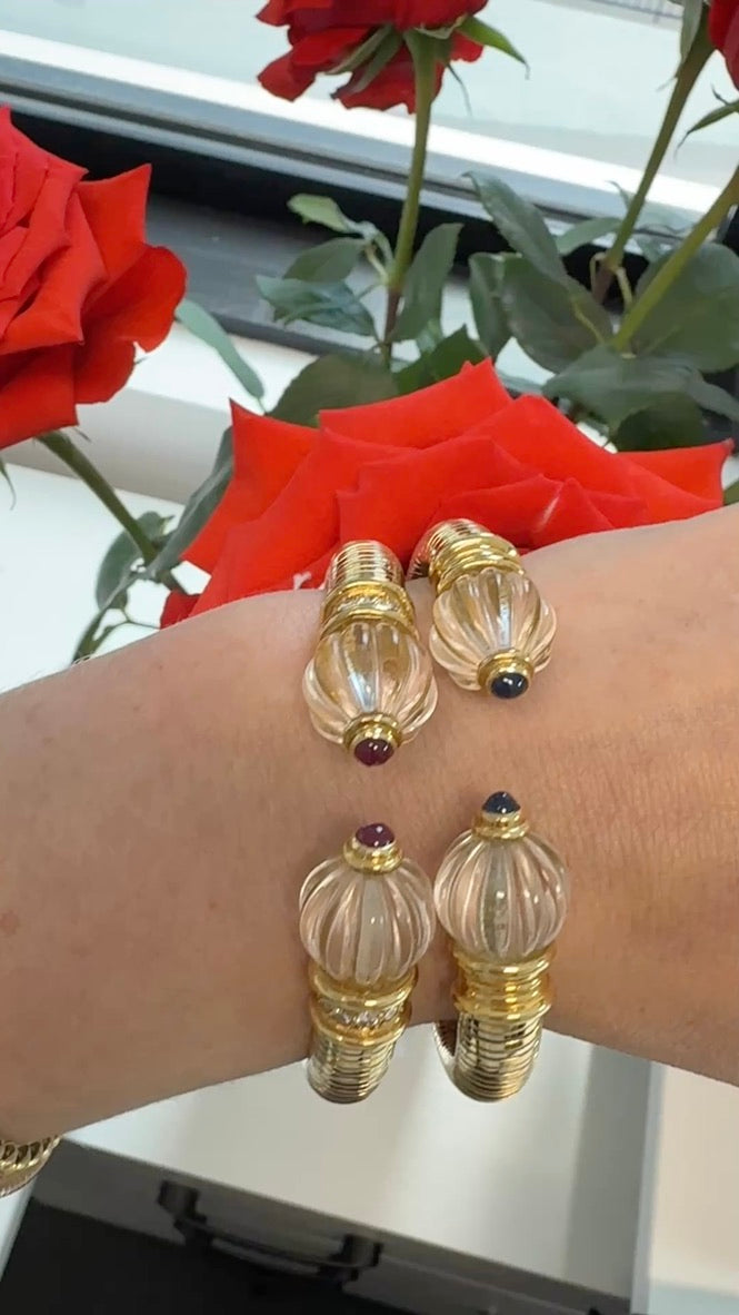 Vintage Boucheron Pair of Rock Crystal Sapphire Ruby Diamond 18K Bangle Cuff