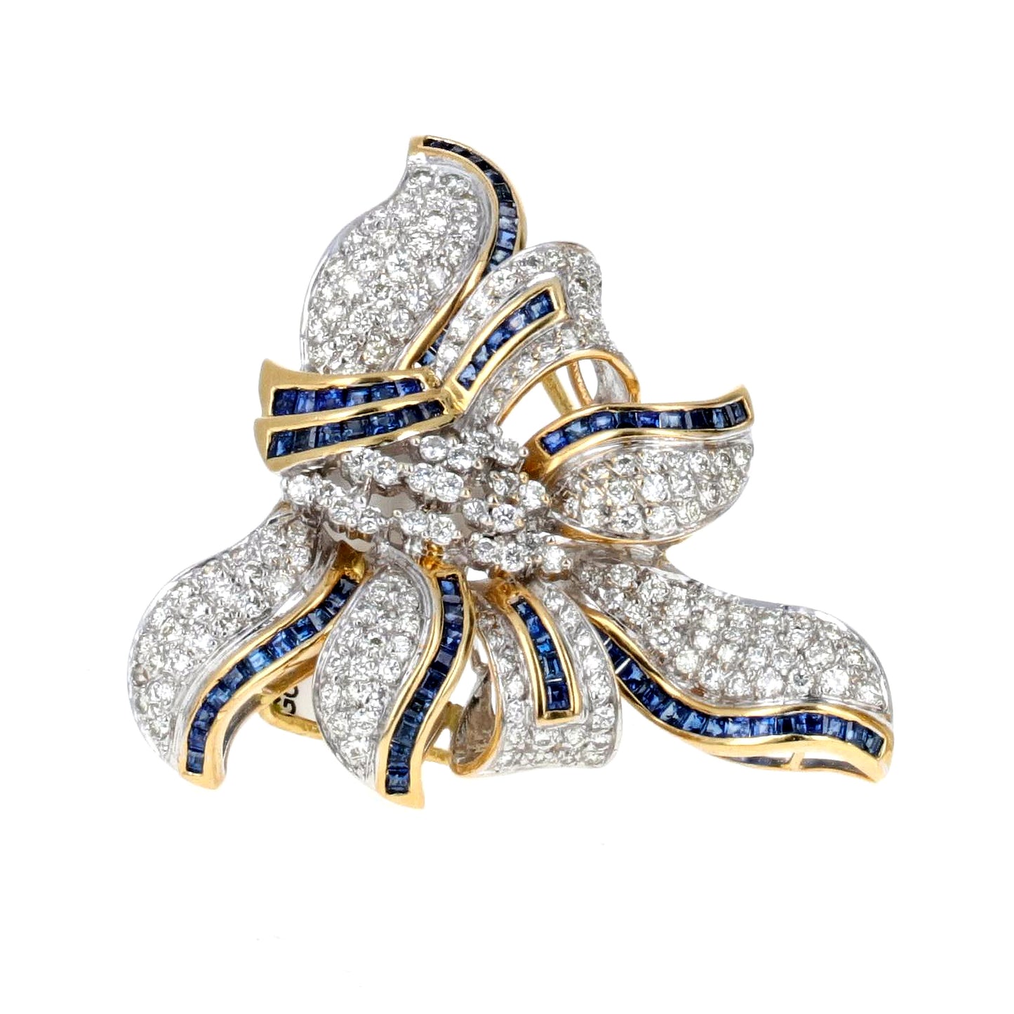 Retro 18K Yellow and White Gold Diamond and Sapphire Bow Brooch, Circa 1950s, 3.5 Carats Diamonds