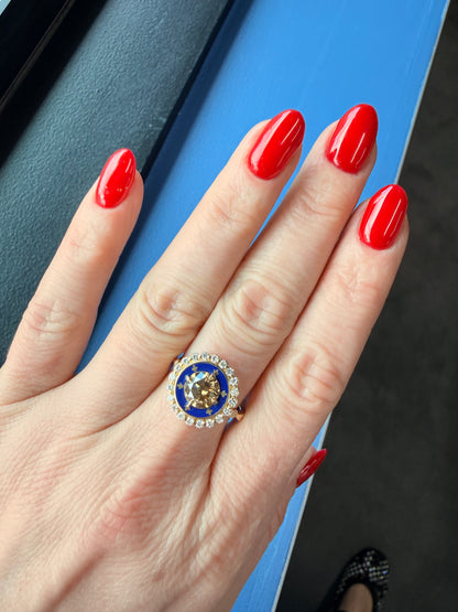 1.36 CT Cognac Champagne Diamond & Royal Blue Enamel Cluster Ring in 18K Yellow Gold