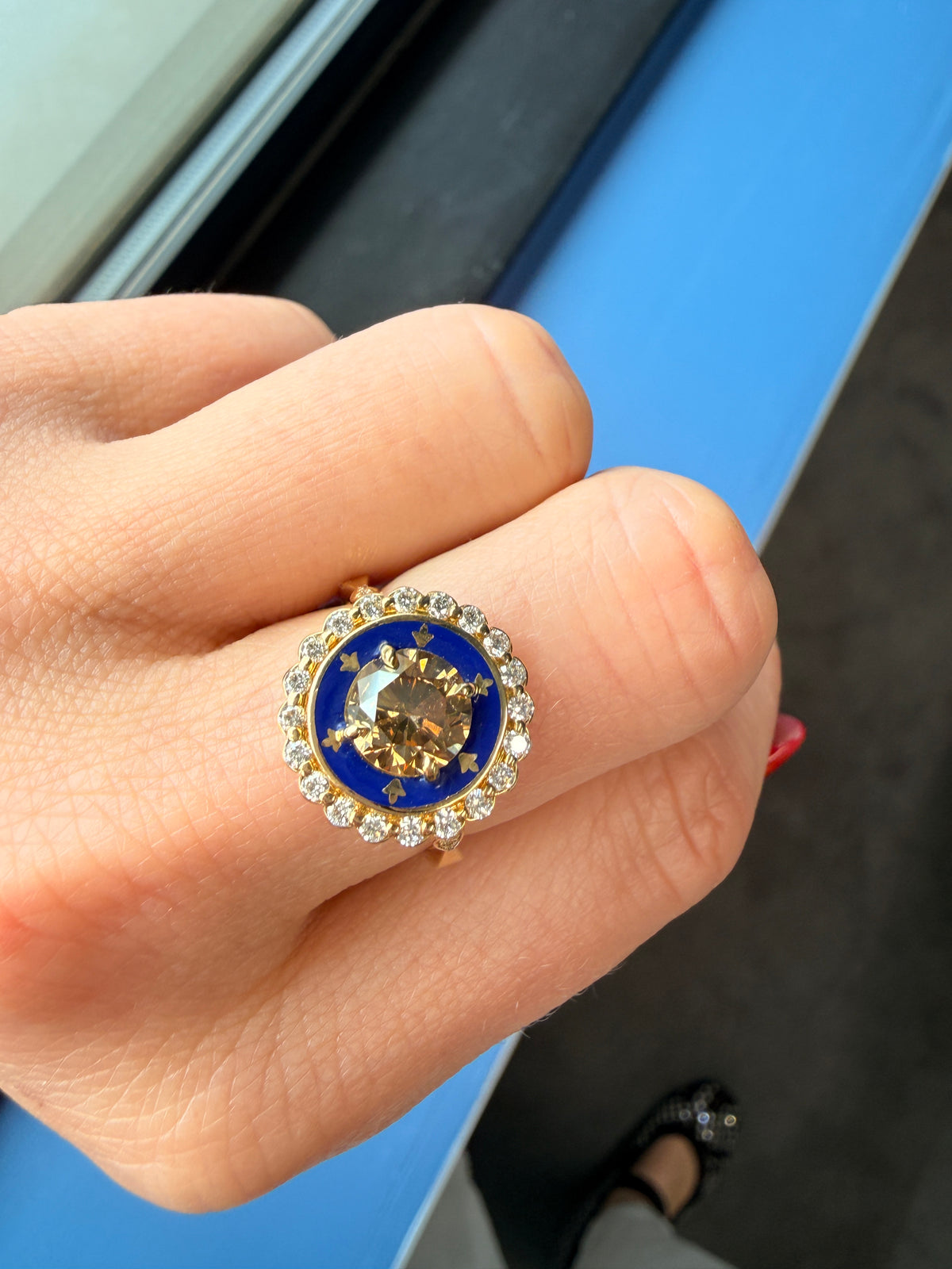 1.36 CT Cognac Champagne Diamond & Royal Blue Enamel Cluster Ring in 18K Yellow Gold