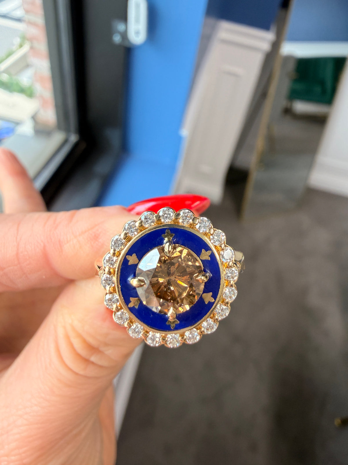 1.36 CT Cognac Champagne Diamond & Royal Blue Enamel Cluster Ring in 18K Yellow Gold