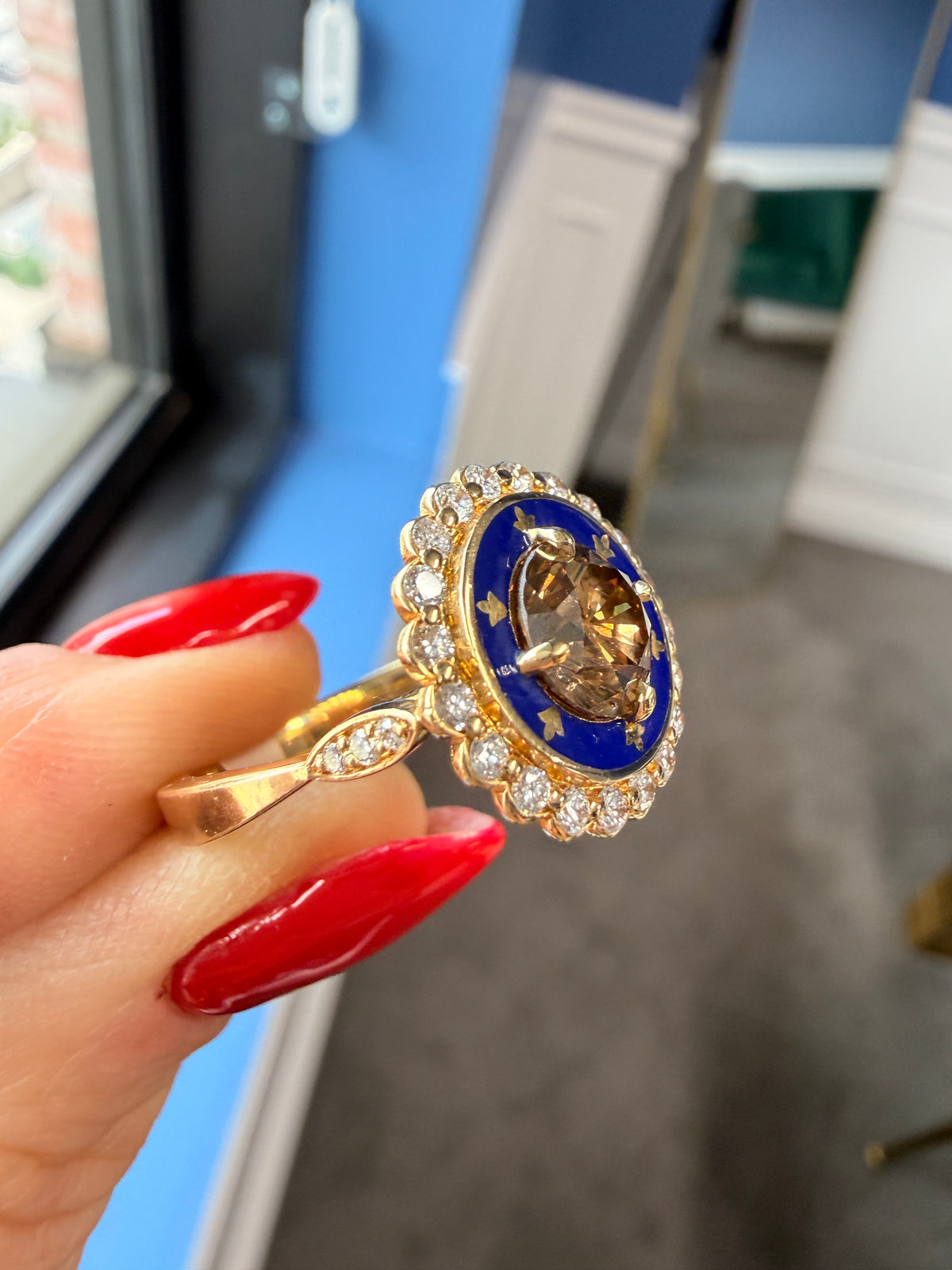 1.36 CT Cognac Champagne Diamond & Royal Blue Enamel Cluster Ring in 18K Yellow Gold