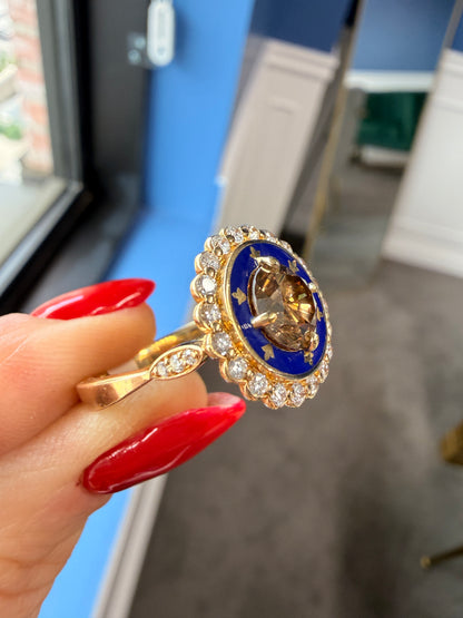 1.36 CT Cognac Champagne Diamond & Royal Blue Enamel Cluster Ring in 18K Yellow Gold