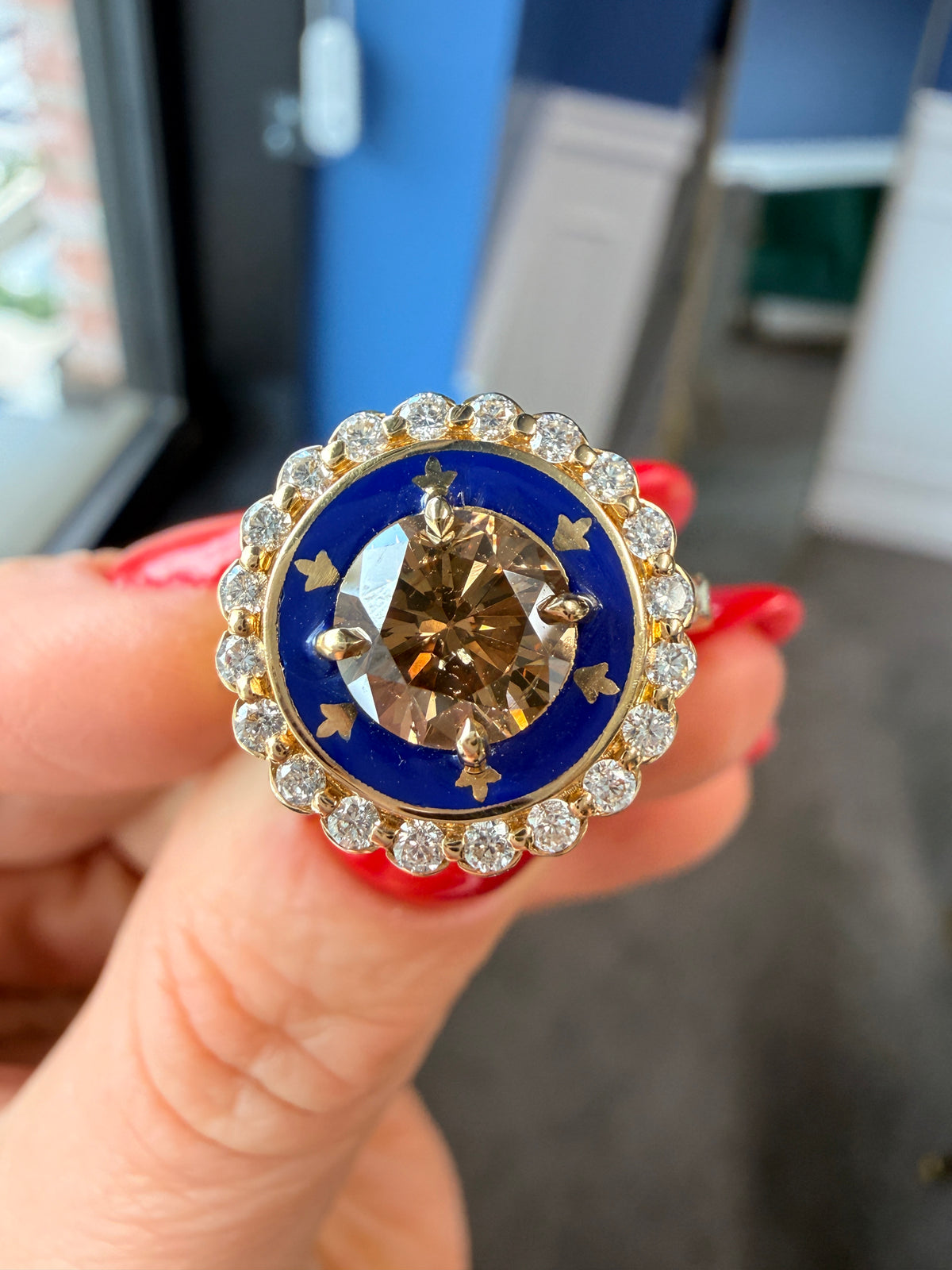 1.36 CT Cognac Champagne Diamond & Royal Blue Enamel Cluster Ring in 18K Yellow Gold