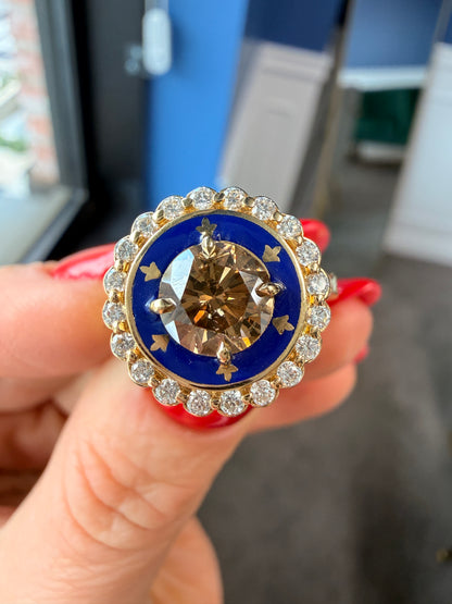 1.36 CT Cognac Champagne Diamond & Royal Blue Enamel Cluster Ring in 18K Yellow Gold