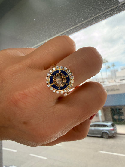 1.36 CT Cognac Champagne Diamond & Royal Blue Enamel Cluster Ring in 18K Yellow Gold