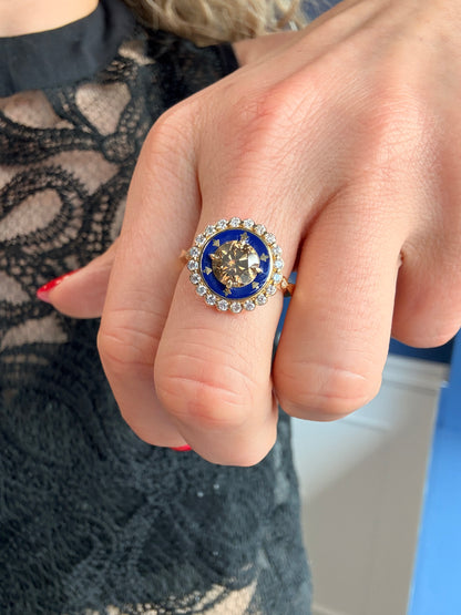 1.36 CT Cognac Champagne Diamond & Royal Blue Enamel Cluster Ring in 18K Yellow Gold