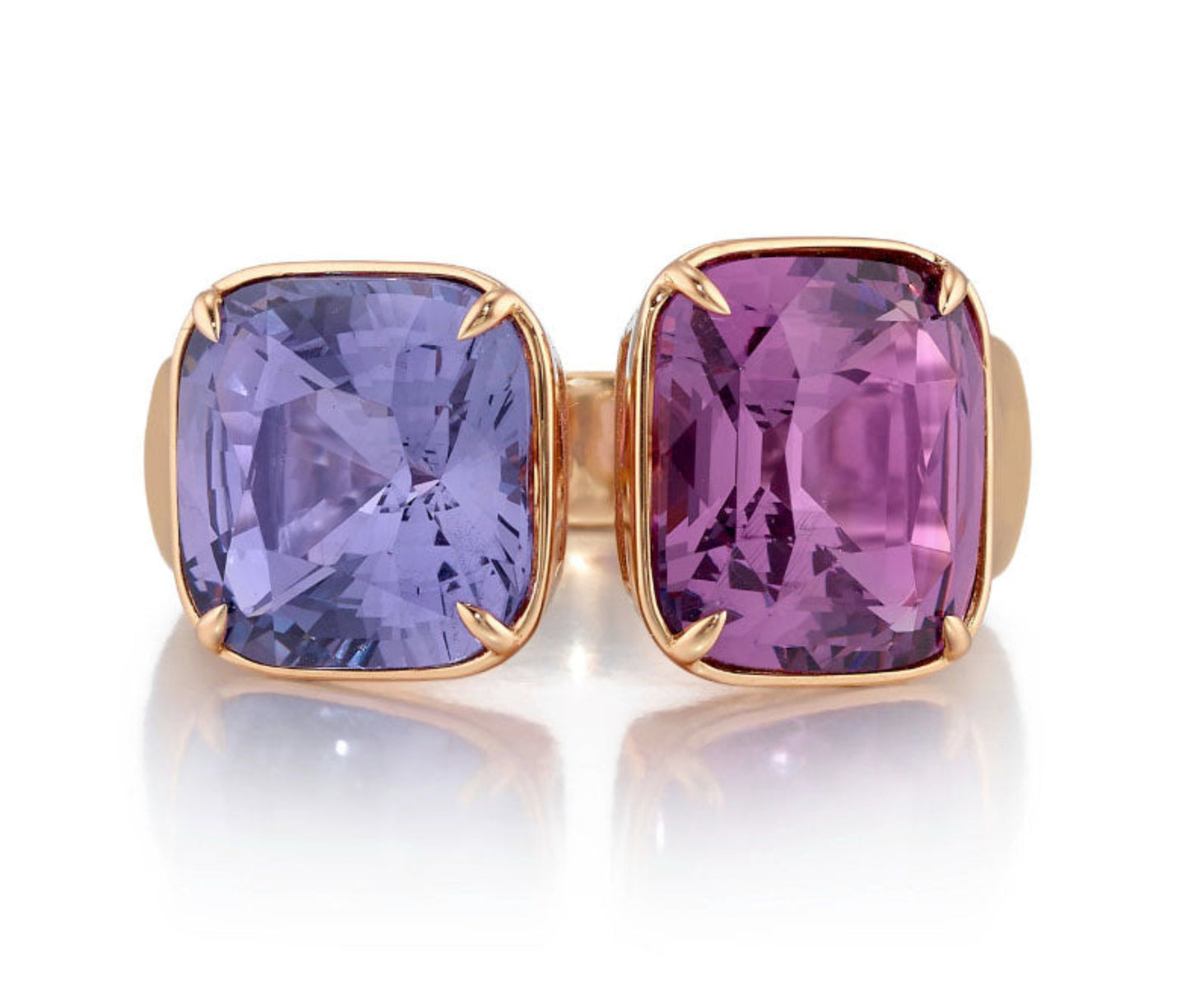 18k rose gold Toi et Moi ring featuring a 5.10ct purple cushion spinel and 5.05ct violet cushion spinel by Kantor Gems