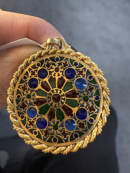 French 18K Gold Plique-à-Jour Enamel Rose Window Pendant Necklace