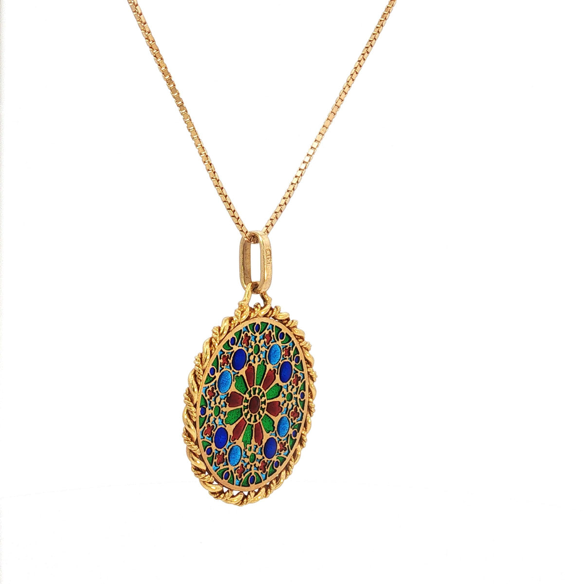French 18K Gold Plique-à-Jour Enamel Rose Window Pendant Necklace