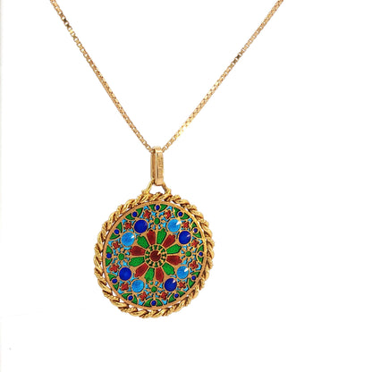 French 18K Gold Plique-à-Jour Enamel Rose Window Pendant Necklace