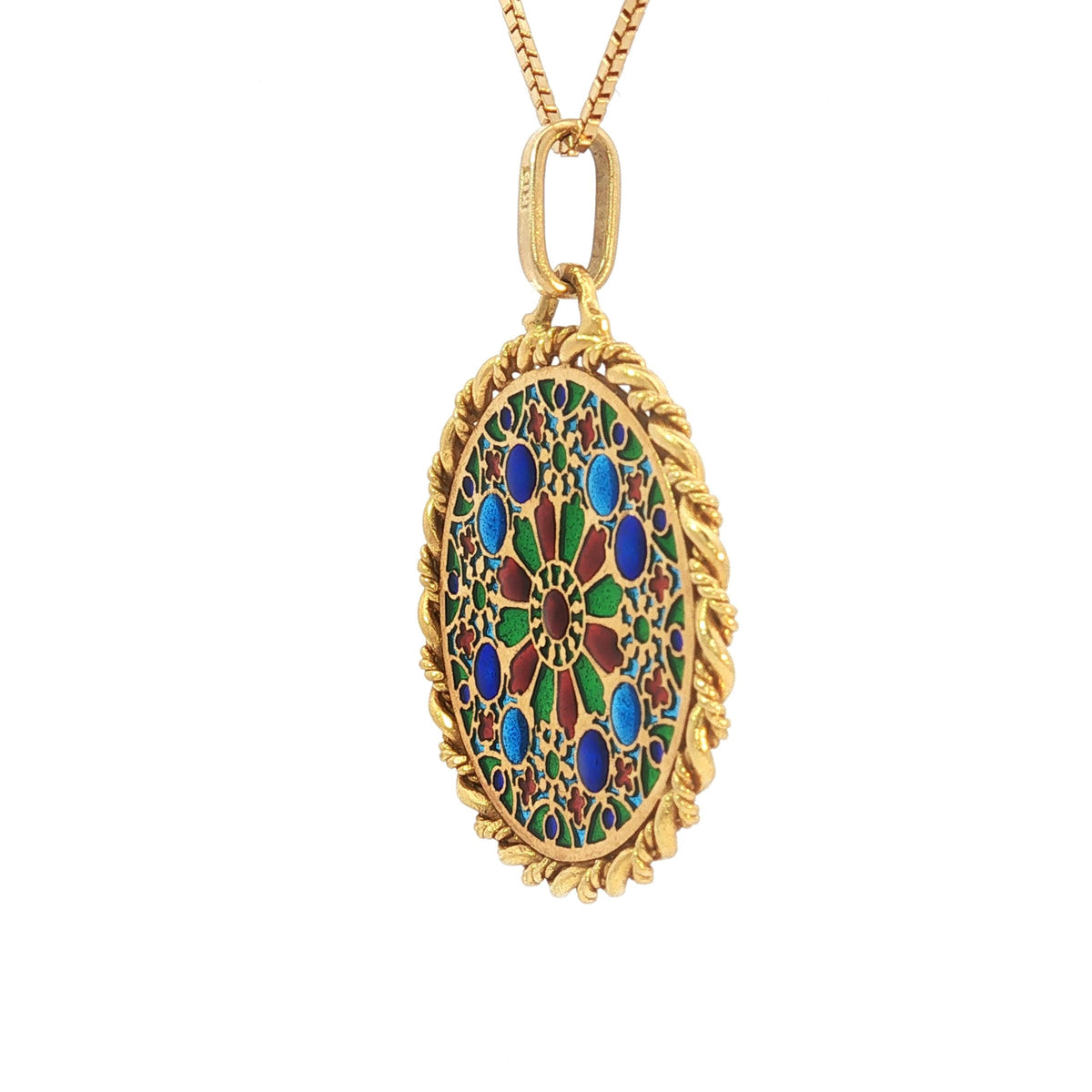 French 18K Gold Plique-à-Jour Enamel Rose Window Pendant Necklace