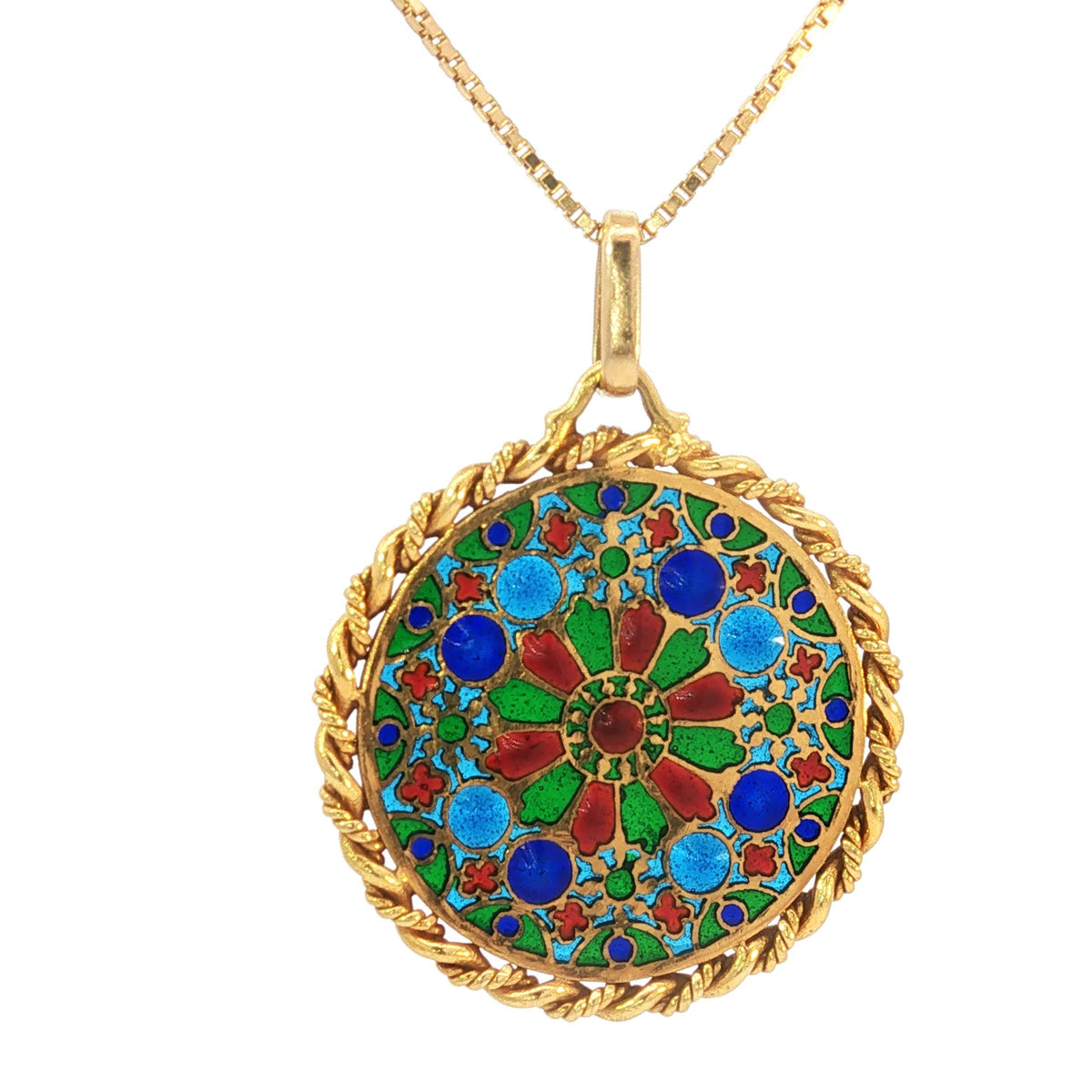 French 18K Gold Plique-à-Jour Enamel Rose Window Pendant Necklace
