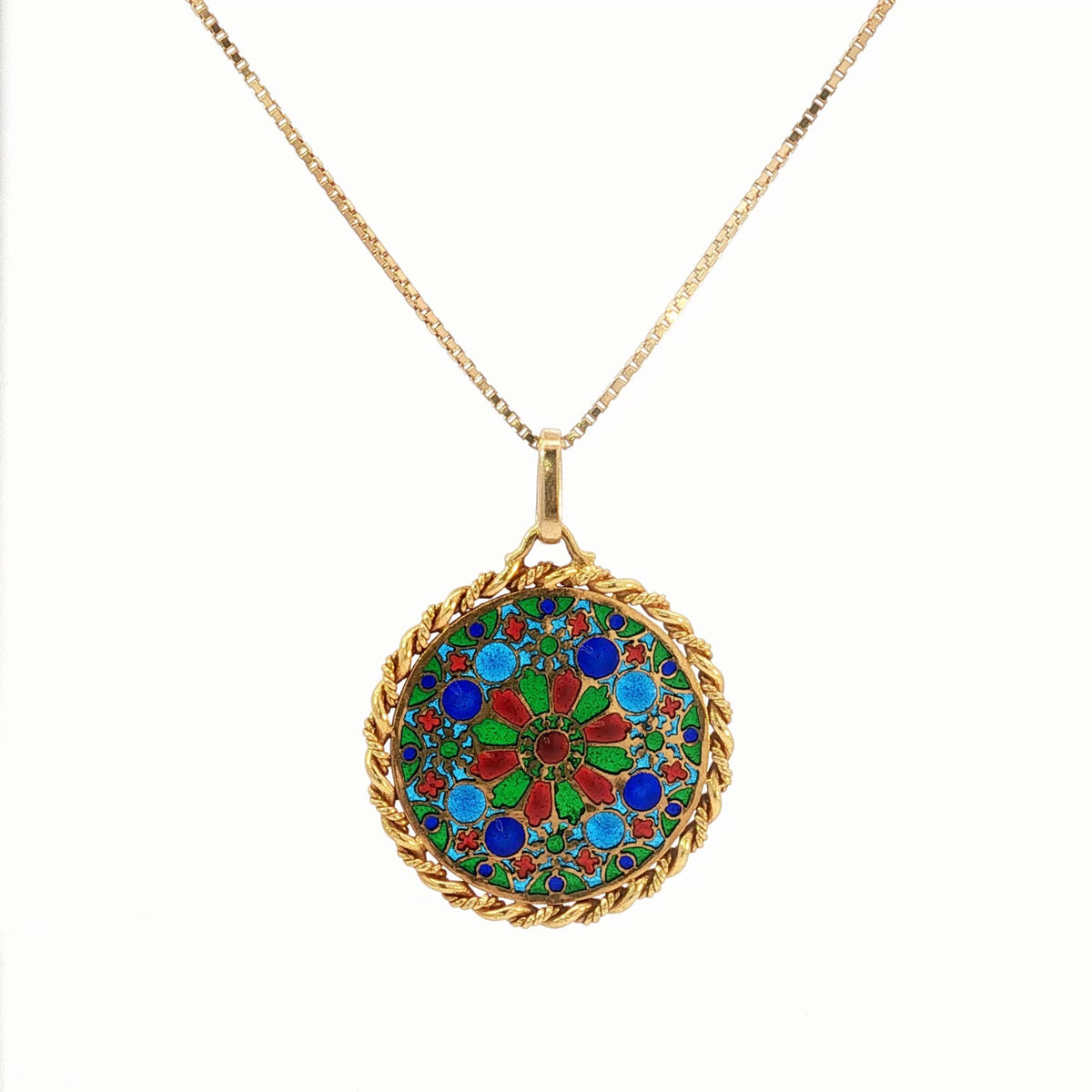 French 18K Gold Plique-à-Jour Enamel Rose Window Pendant Necklace