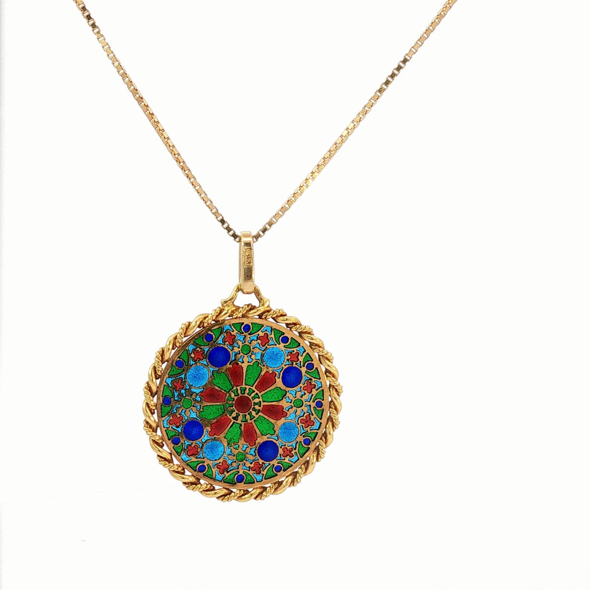 French 18K Gold Plique-à-Jour Enamel Rose Window Pendant Necklace