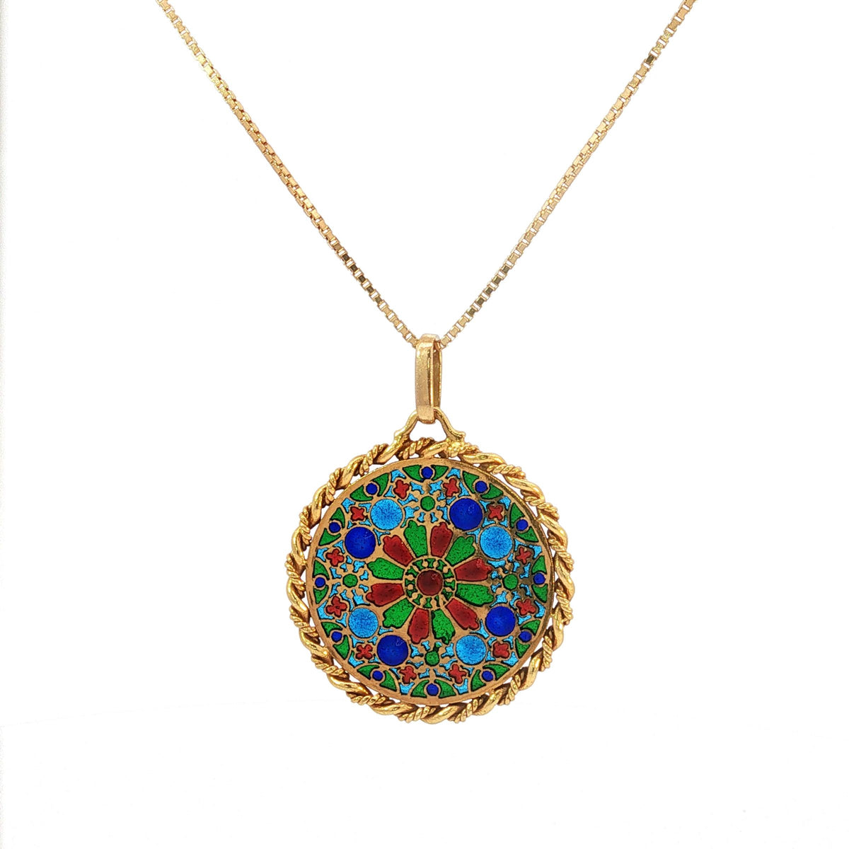 French 18K Gold Plique-à-Jour Enamel Rose Window Pendant Necklace