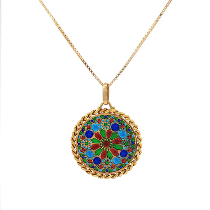 French 18K Gold Plique-à-Jour Enamel Rose Window Pendant Necklace