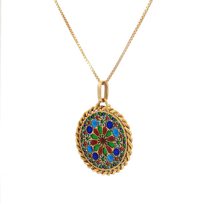 French 18K Gold Plique-à-Jour Enamel Rose Window Pendant Necklace