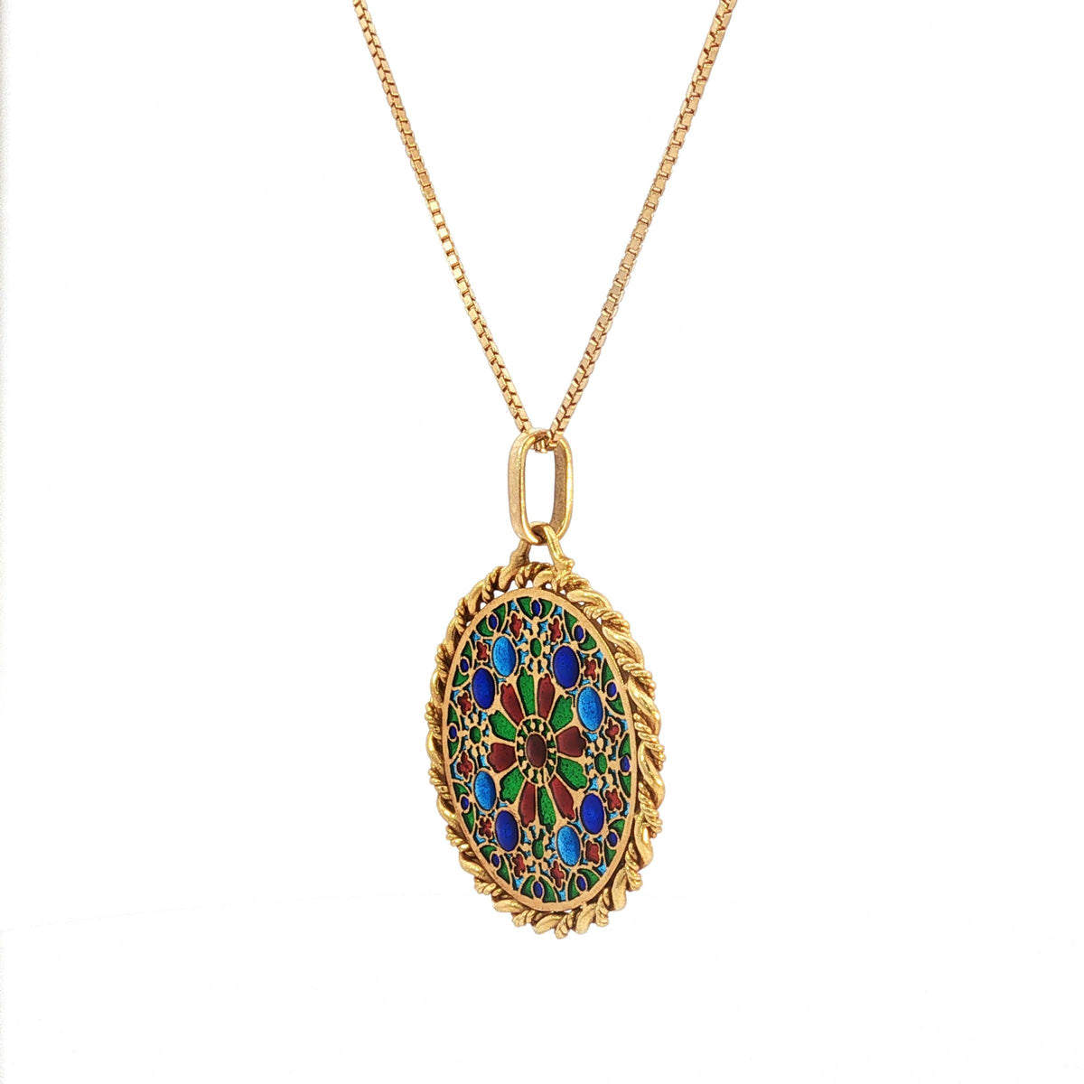 French 18K Gold Plique-à-Jour Enamel Rose Window Pendant Necklace