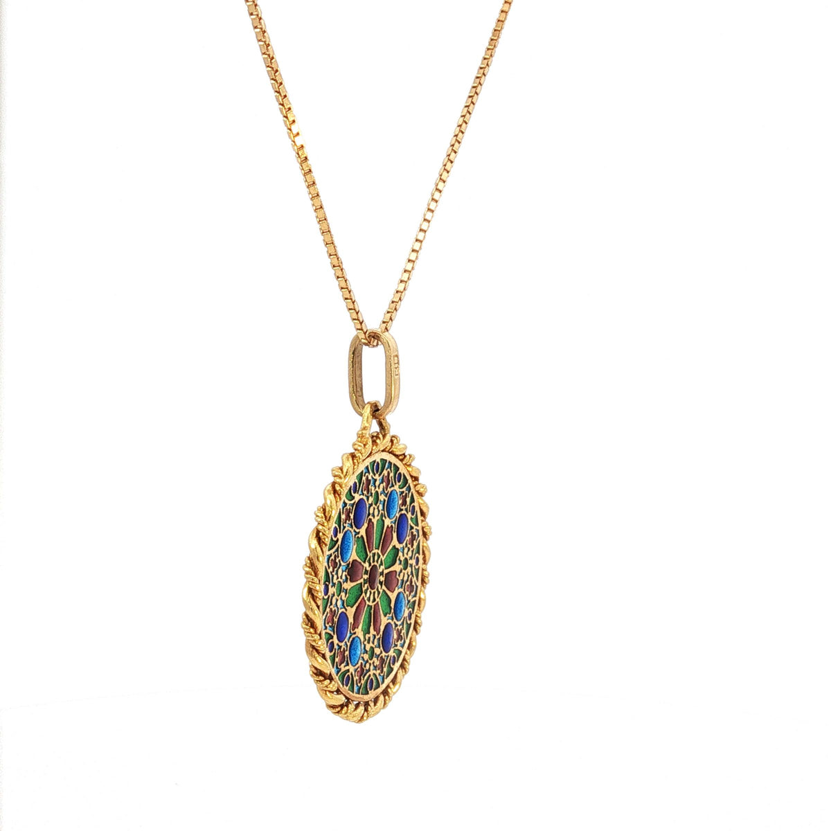 French 18K Gold Plique-à-Jour Enamel Rose Window Pendant Necklace