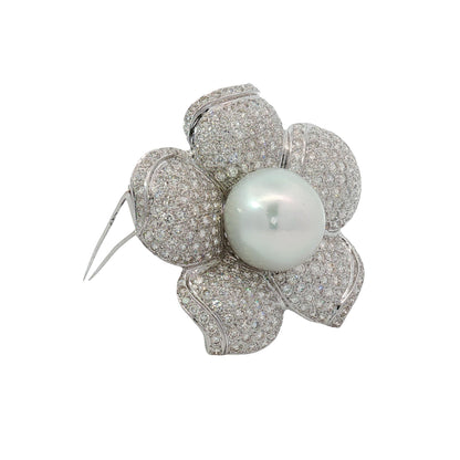 Pearl and Diamond Flower Brooch Pendant in 18K White Gold, Retro