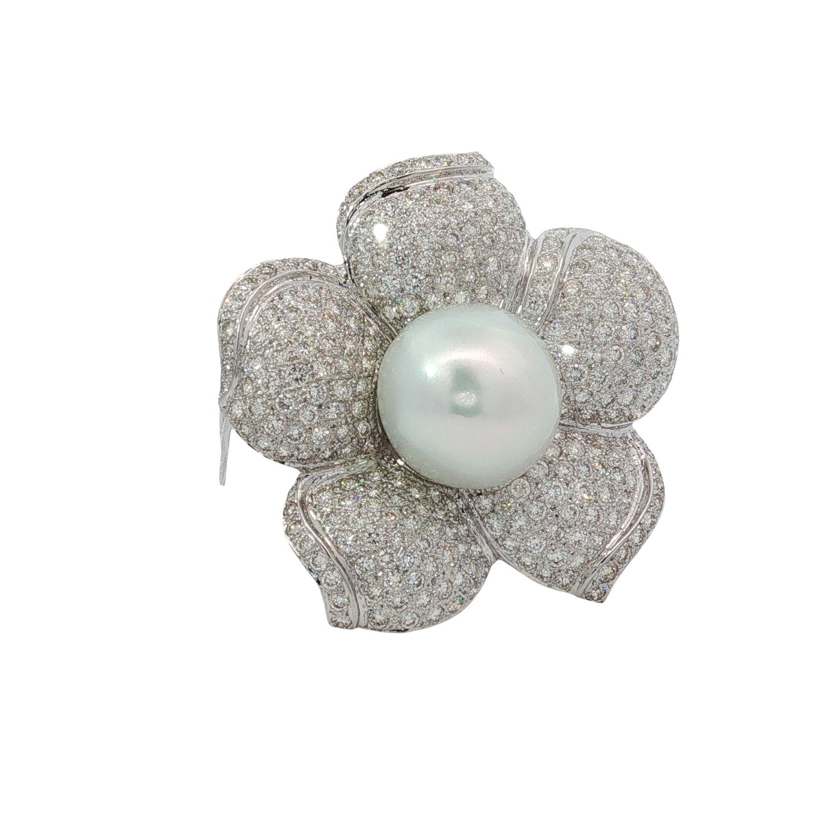 Pearl and Diamond Flower Brooch Pendant in 18K White Gold, Retro