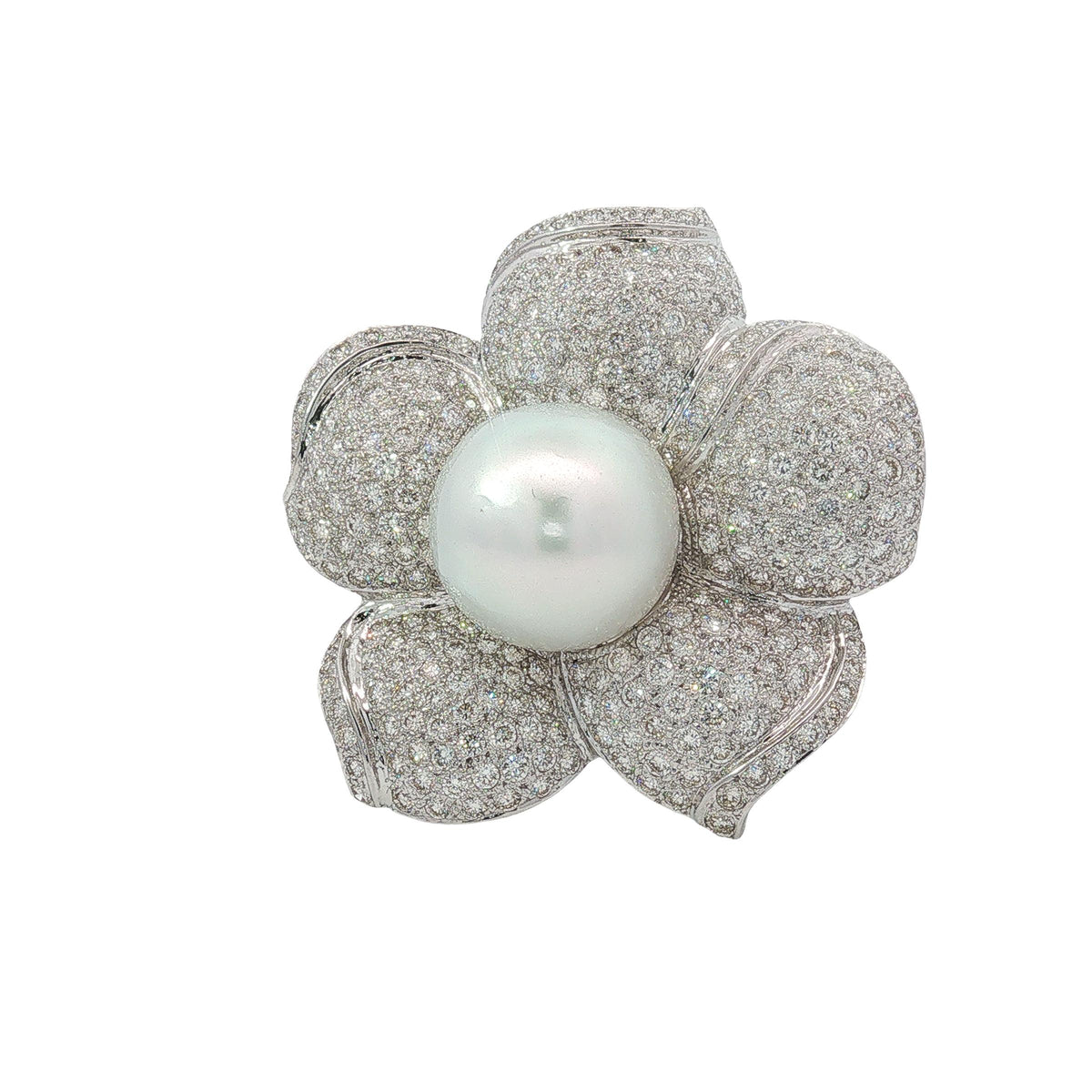Pearl and Diamond Flower Brooch Pendant in 18K White Gold, Retro