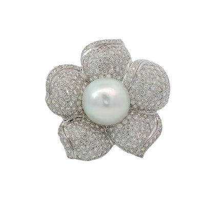 Pearl and Diamond Flower Brooch Pendant in 18K White Gold, Retro