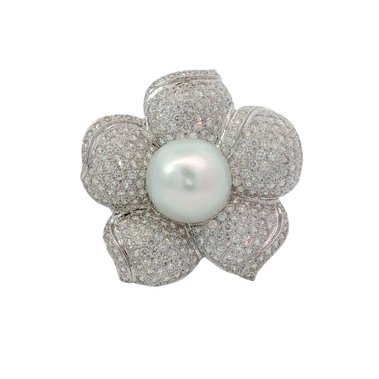 Pearl and Diamond Flower Brooch Pendant in 18K White Gold, Retro