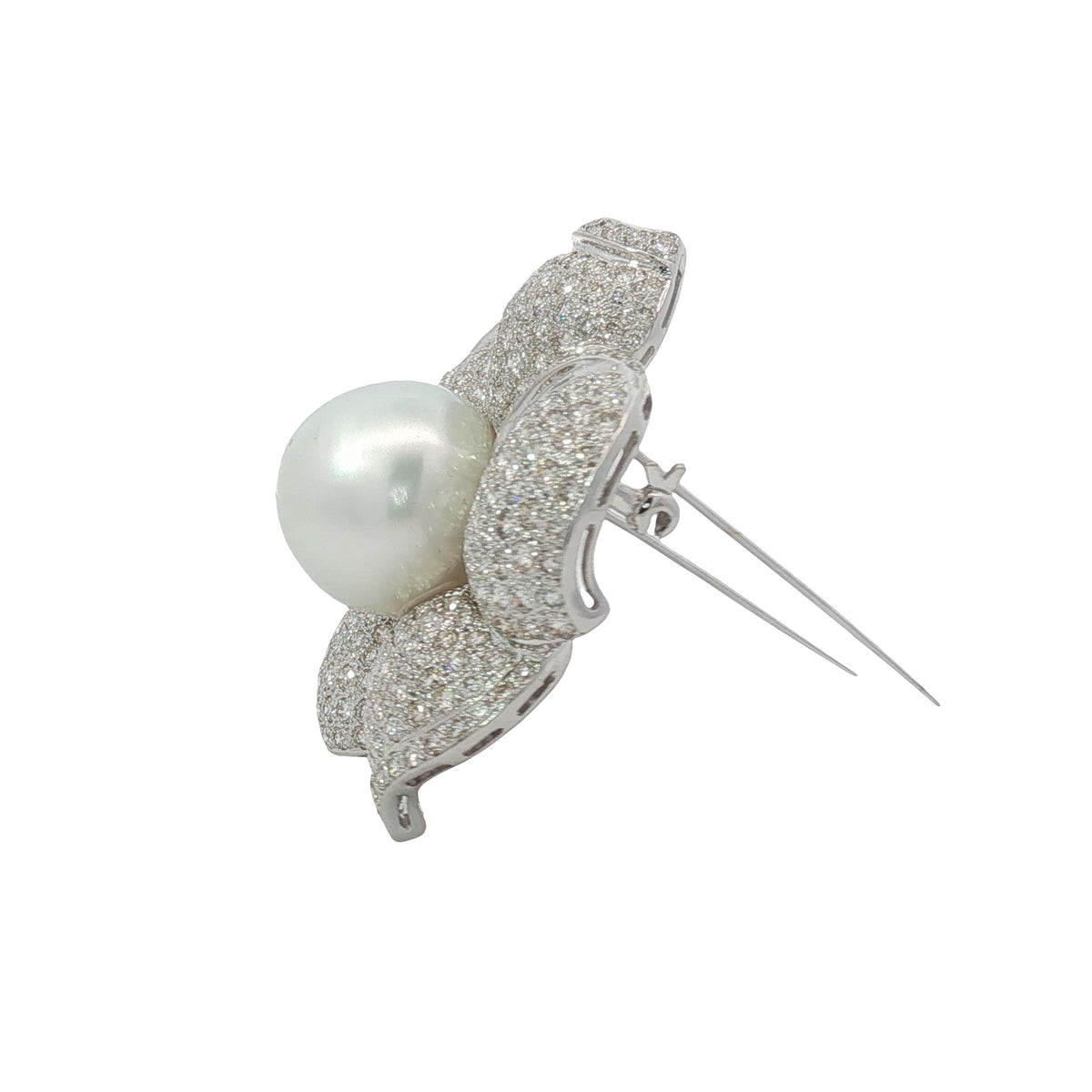 Pearl and Diamond Flower Brooch Pendant in 18K White Gold, Retro