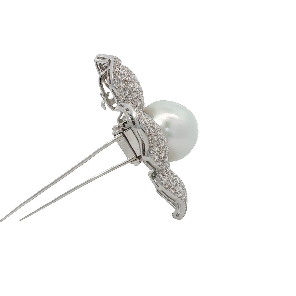 Pearl and Diamond Flower Brooch Pendant in 18K White Gold, Retro
