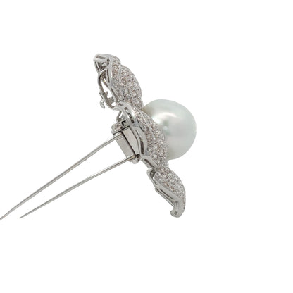 Pearl and Diamond Flower Brooch Pendant in 18K White Gold, Retro