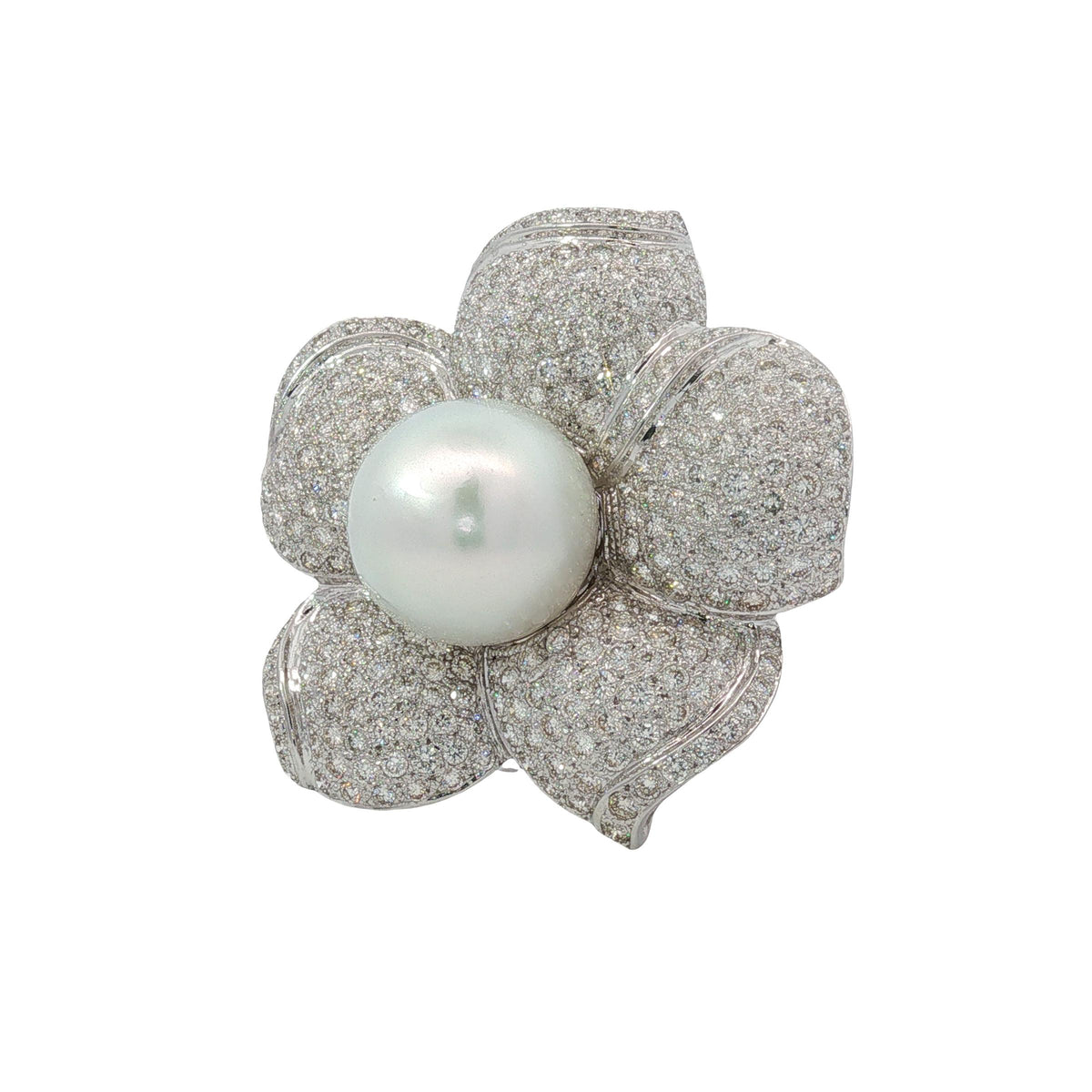 Pearl and Diamond Flower Brooch Pendant in 18K White Gold, Retro