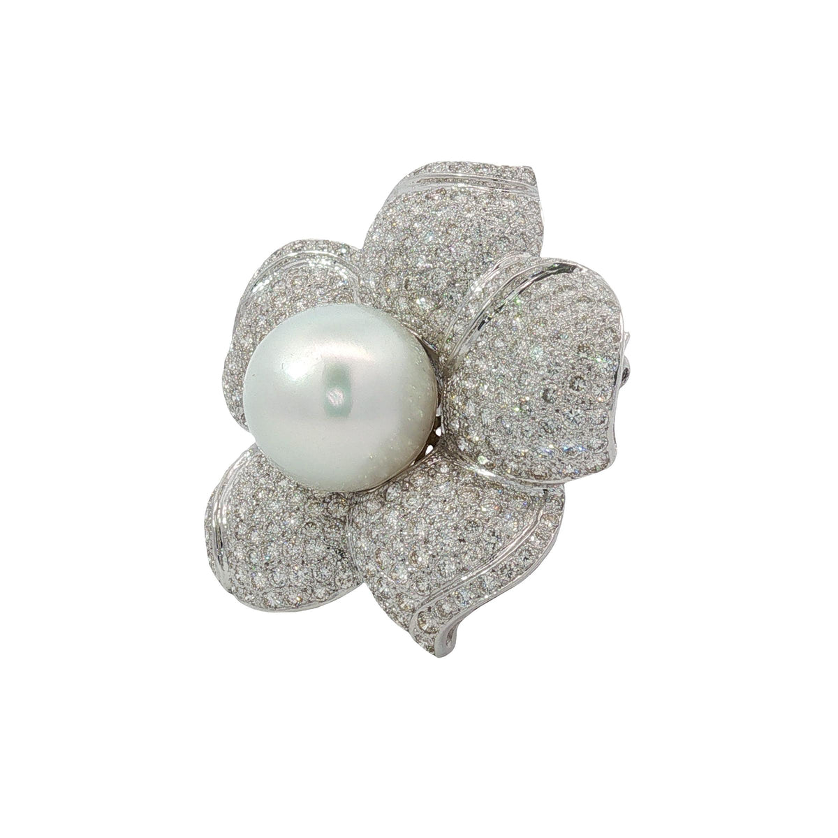 Pearl and Diamond Flower Brooch Pendant in 18K White Gold, Retro