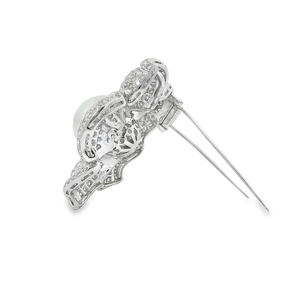 Pearl and Diamond Flower Brooch Pendant in 18K White Gold, Retro