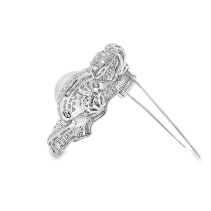 Pearl and Diamond Flower Brooch Pendant in 18K White Gold, Retro