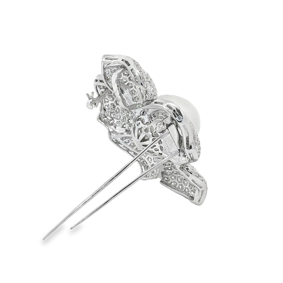 Pearl and Diamond Flower Brooch Pendant in 18K White Gold, Retro