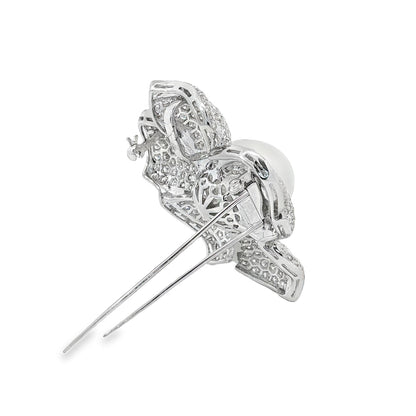 Pearl and Diamond Flower Brooch Pendant in 18K White Gold, Retro