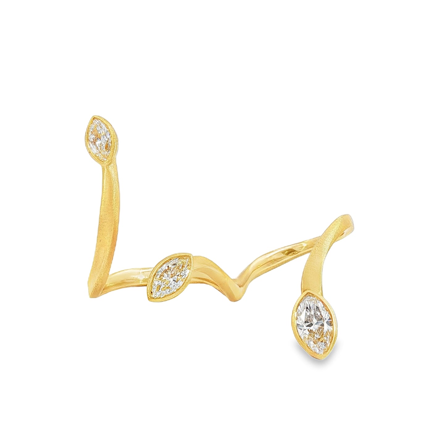 Avant-garde 18k matte yellow gold open-shank ring with 1.53ctw marquise diamonds worn across fingers size 7 by Kantor Gems