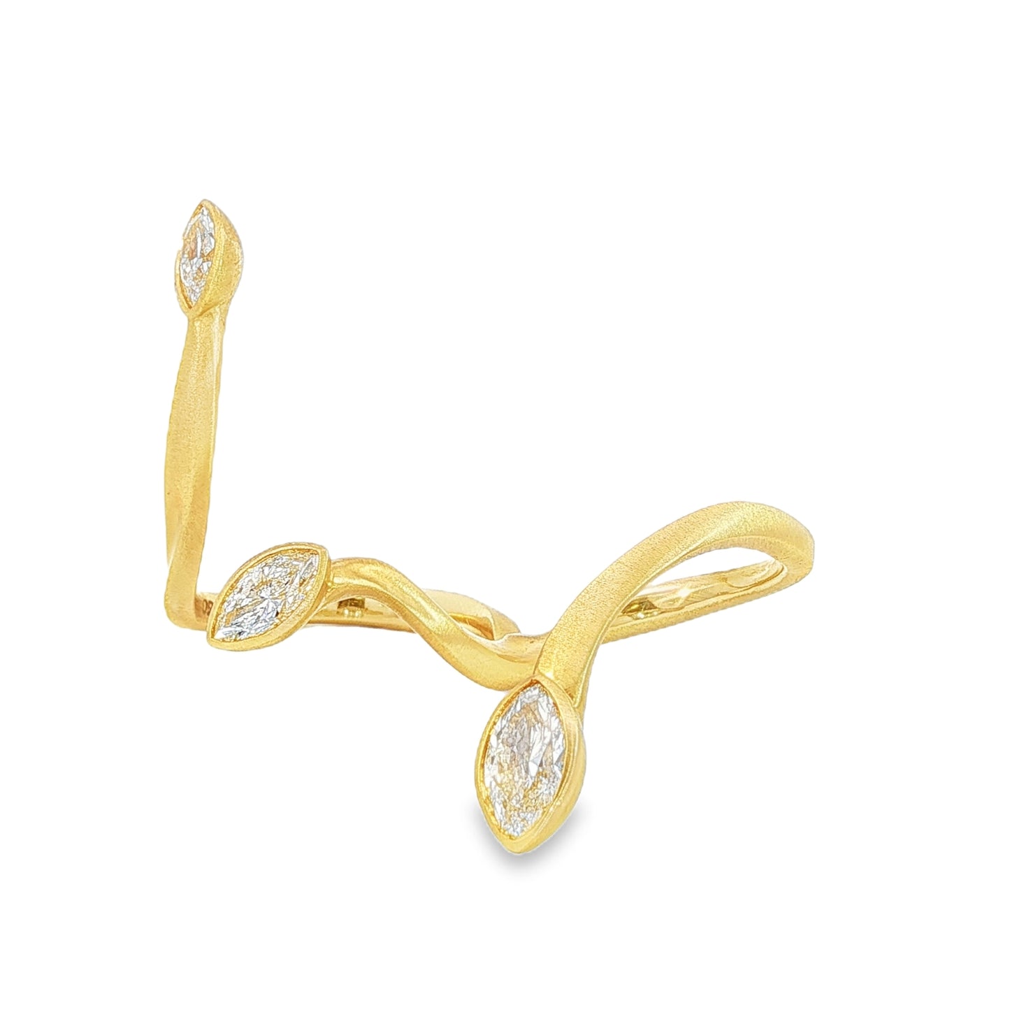 Avant-garde 18k matte yellow gold open-shank ring with 1.53ctw marquise diamonds worn across fingers size 7 by Kantor Gems