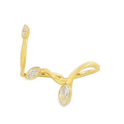 Avant-garde 18k matte yellow gold open-shank ring with 1.53ctw marquise diamonds worn across fingers size 7 by Kantor Gems