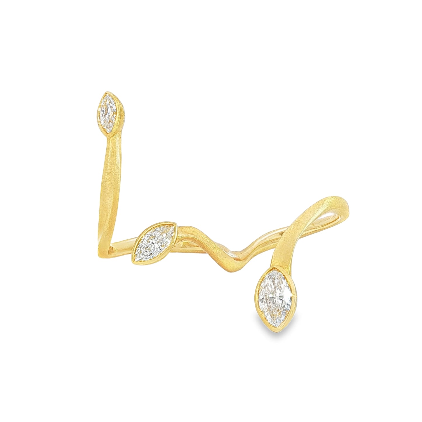 Avant-garde 18k matte yellow gold open-shank ring with 1.53ctw marquise diamonds worn across fingers size 7 by Kantor Gems