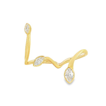 Avant-garde 18k matte yellow gold open-shank ring with 1.53ctw marquise diamonds worn across fingers size 7 by Kantor Gems