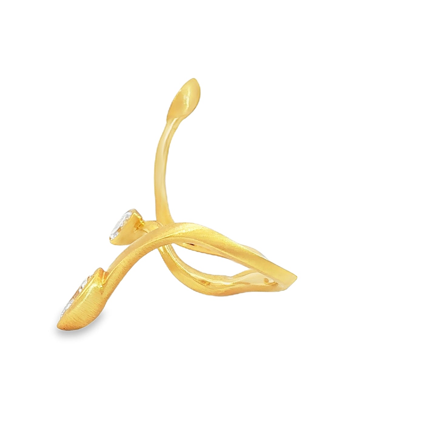 Avant-garde 18k matte yellow gold open-shank ring with 1.53ctw marquise diamonds worn across fingers size 7 by Kantor Gems
