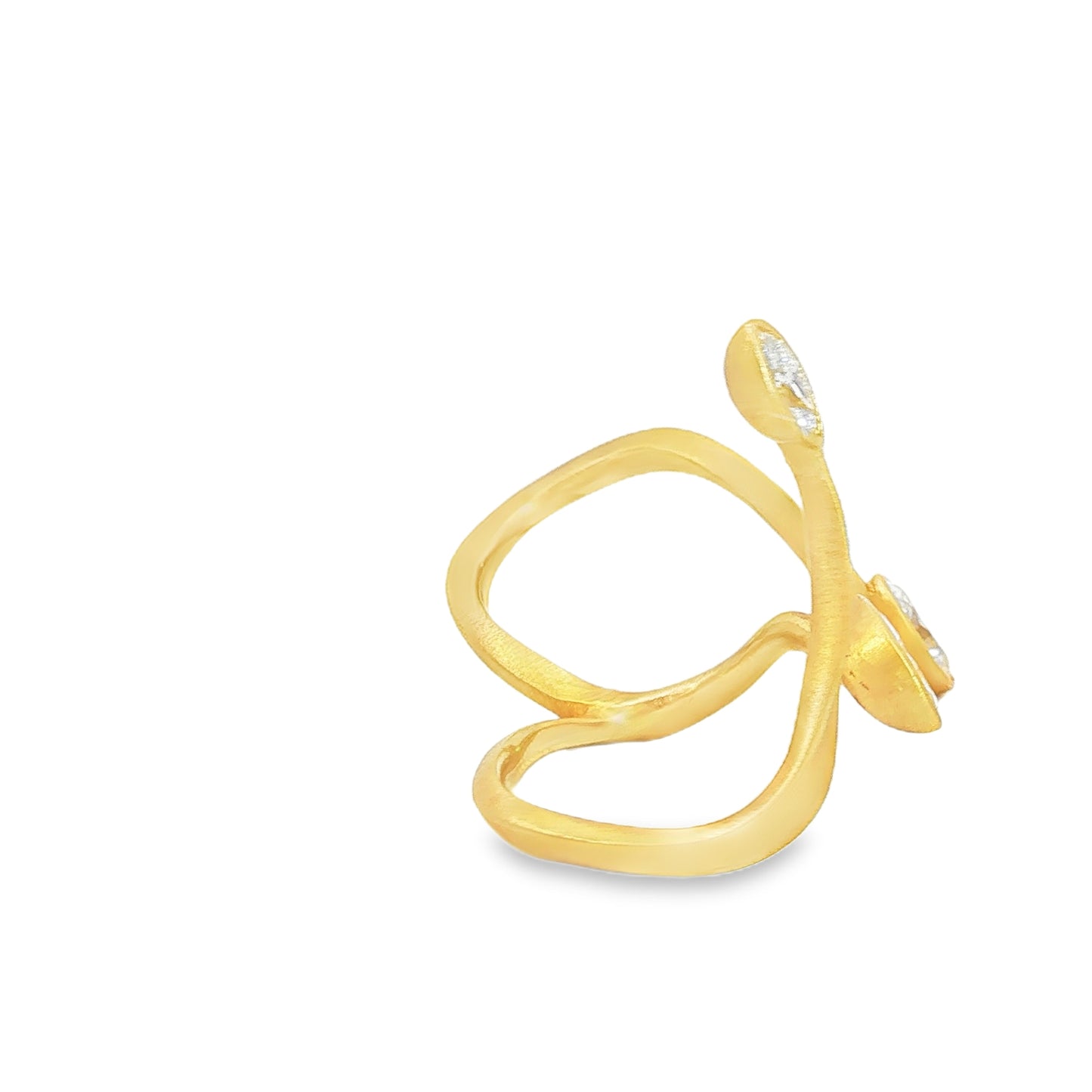 Avant-garde 18k matte yellow gold open-shank ring with 1.53ctw marquise diamonds worn across fingers size 7 by Kantor Gems